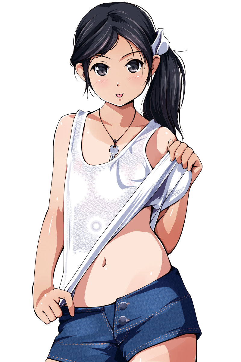 1girl :p black_eyes black_hair blush contrapposto denim denim_shorts flat_chest highres jewelry key long_hair looking_at_viewer matsunaga_kouyou navel necklace scrunchie shirt shorts side_ponytail simple_background solo tan tank_top tanline tongue tongue_out unbuttoned white_background