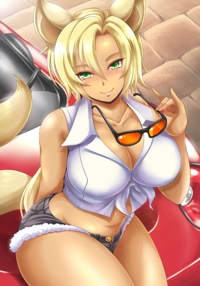 1girl animal_ears arm_support bare_shoulders blonde_hair blush breasts car checkered checkered_floor cleavage crop_top curvy dark_skin denim denim_shorts fox_ears fox_tail front-tie_top glasses glasses_removed green_eyes ground_vehicle hair_between_eyes kittan_(cve27426) large_breasts lips long_hair looking_at_viewer midriff motor_vehicle navel on_vehicle outdoors shinrabanshou shirt shorts sitting sleeveless sleeveless_shirt smile solo stone_floor sunglasses tail thick_thighs thighs wide_hips