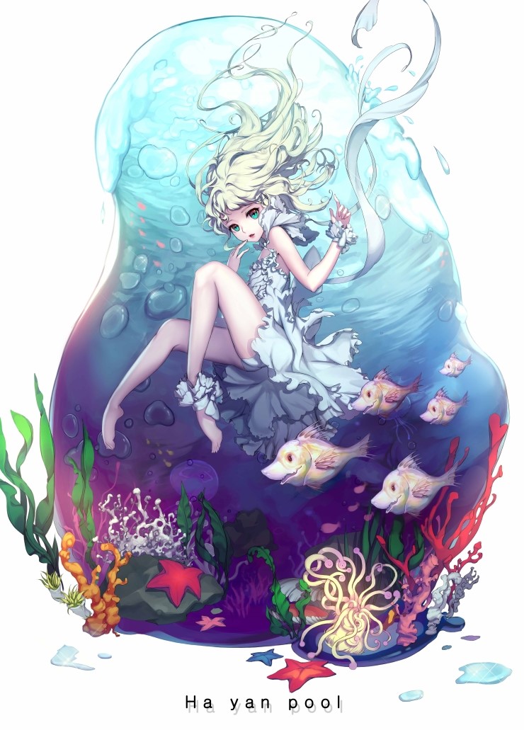 +_+ 1girl air_bubble anklet aqua_eyes artist_name barefoot breath dress finger_to_mouth fish freediving hayanpool jewelry long_hair looking_at_viewer original starfish sundress underwater white_hair