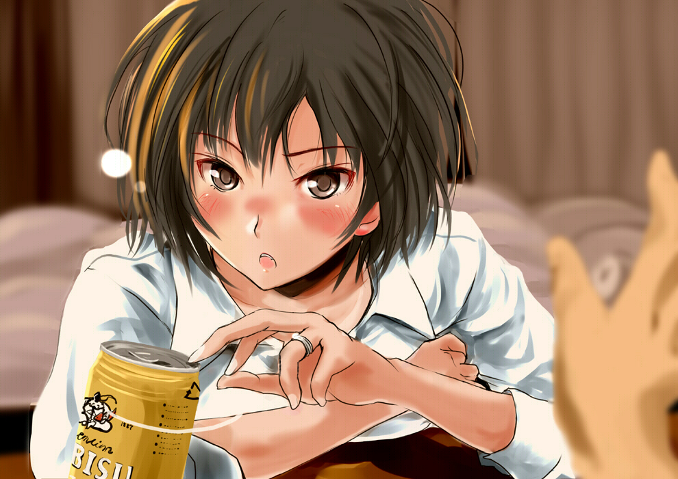 :o alcohol amagami bed beer blush brown_eyes brown_hair can collarbone curtains drunk indoors jewelry looking_at_viewer murasaki_iro nanasaki_ai older out_of_frame pov ring shirt short_hair solo_focus wedding_band wedding_ring yebisu