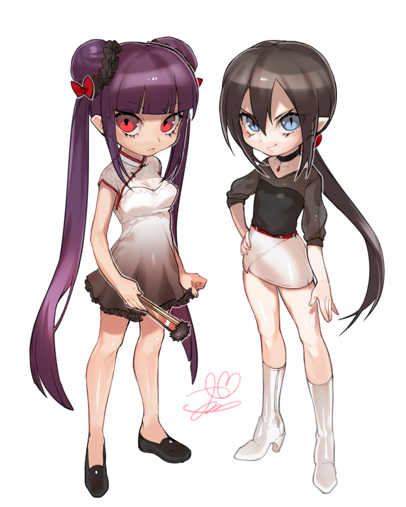 00s 2girls androgynous bare_legs blue_eyes boots brown_hair chibi china_dress choker closed_mouth double_bun dress fan full_body hand_on_hip lady_bat lanhua looking_at_viewer mermaid_melody_pichi_pichi_pitch multiple_girls ponytail purple_hair red_eyes ribbon simple_background smile tsurime twintails very_long_hair white_background wntame