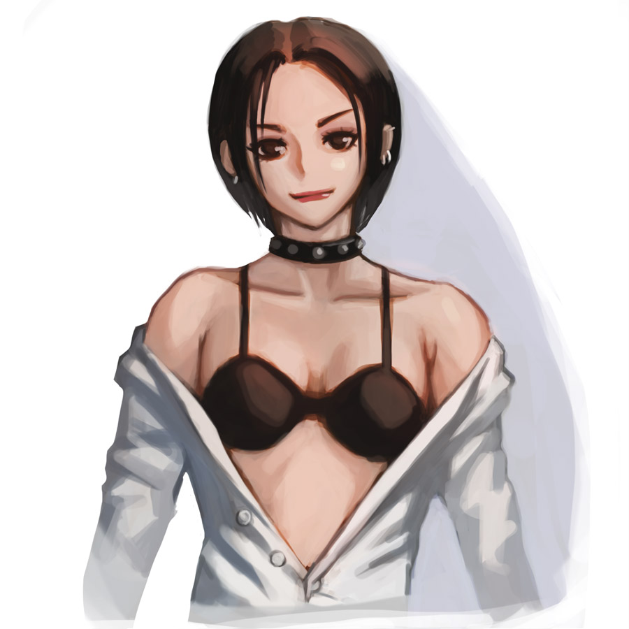 1girl bra brown_eyes brown_hair choker closed_mouth collarbone kzzang lipstick looking_at_viewer nana_(series) osaki_nana piercing short_hair simple_background solo unbuttoned upper_body white_background