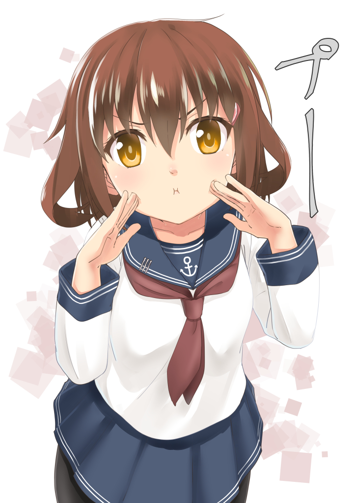 &gt;:i 1girl :i anchor_symbol black_legwear blue_skirt blush brown_hair closed_mouth collarbone cowboy_shot hair_ornament hairclip hands_on_own_cheeks hands_on_own_face ikazuchi_(kantai_collection) kantai_collection long_sleeves number pantyhose pleated_skirt pout roman_numerals school_uniform serafuku shimotsuki_iko shirt short_hair simple_background skirt solo standing text translated white_background white_shirt yellow_eyes
