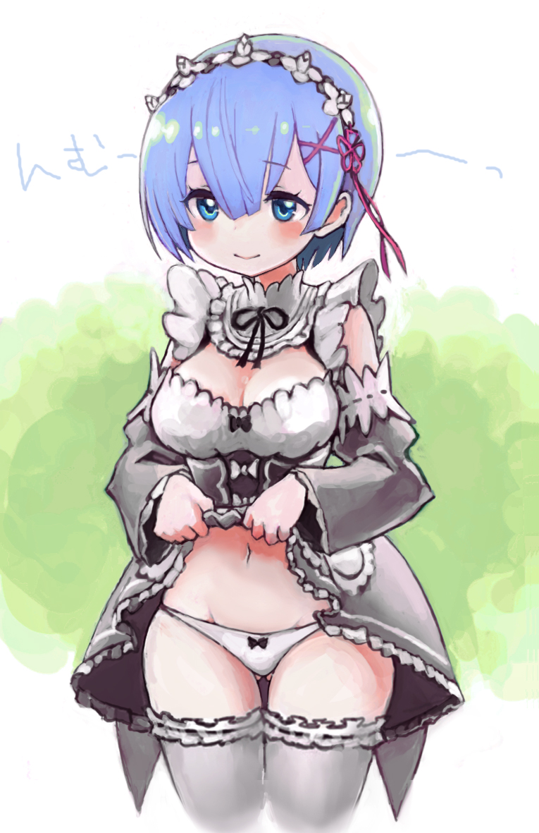 1girl blue_eyes blue_hair blush bow bow_panties breasts cleavage cleavage_cutout detached_sleeves frills garters gluteal_fold hair_ornament hairband hiro1984 lifted_by_self lolita_hairband maid medium_breasts navel panties re:zero_kara_hajimeru_isekai_seikatsu rem_(re:zero) short_hair skirt skirt_lift smile solo thigh-highs underwear white_panties x_hair_ornament