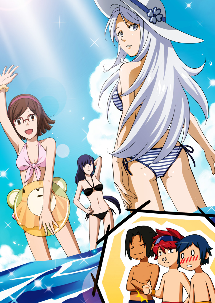 3boys 3girls aila_jyrkiainen bikini black_hair blue_eyes blush brown_hair facial_hair glasses gundam gundam_build_fighters hairband hat iori_sei kousaka_china long_hair mihoshi_(gundam_bf) multiple_boys multiple_girls purple_hair redhead rei_(usabiba) reiji_(gundam_bf) ricardo_fellini short_hair silver_hair stubble sun_hat swimsuit thumbs_up water