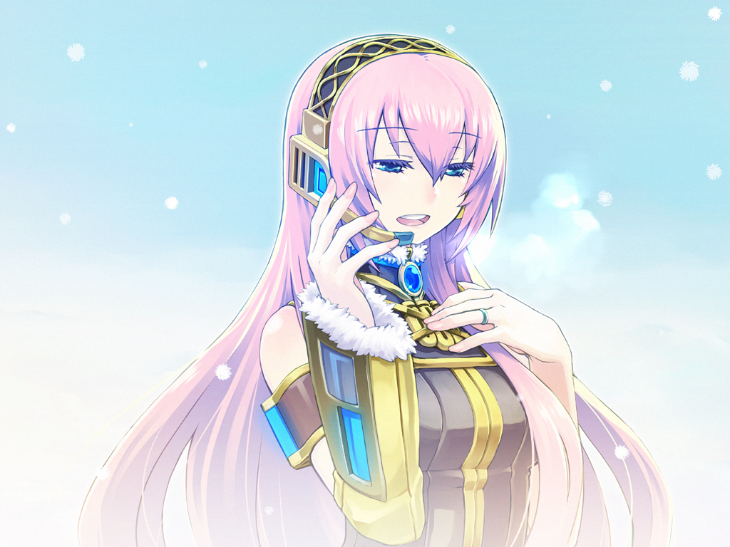 armband breath chan_co detached_sleeves fur_trim hand_on_chest headphones headset jewelry long_hair megurine_luka microphone nail_polish open_mouth pink_hair ring singing snow snowing very_long_hair vocaloid