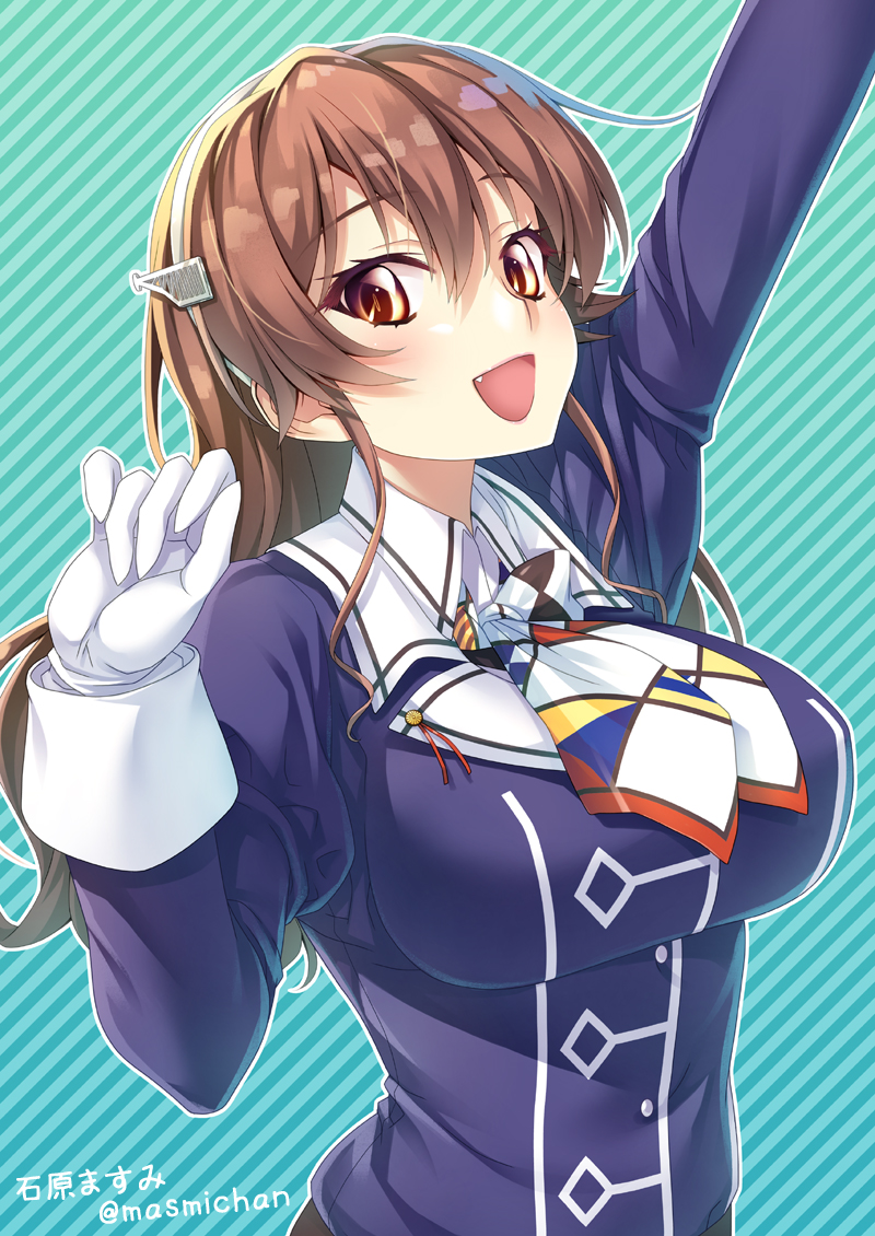1girl ascot ashigara_(kancolle) breasts brown_eyes brown_hair buttons collared_shirt double-breasted elbow_gloves eyebrows_visible_through_hair fang gloves green_background hairband ishihara_masumi jacket kantai_collection large_breasts long_hair long_sleeves looking_at_viewer open_mouth pantyhose purple_jacket remodel_(kantai_collection) shirt skirt solo twitter_username uniform upper_body wavy_hair white_gloves