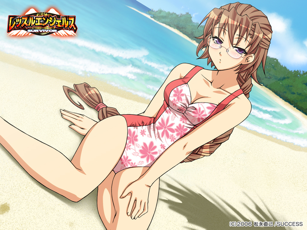 braid breasts brown_hair cleavage dutch_angle french_braid glasses hal hoshina_yuuki long_hair one-piece_swimsuit purple_eyes sitting solo success swimsuit swimsuit wallpaper water wrestle_angels wrestle_angels_survivor