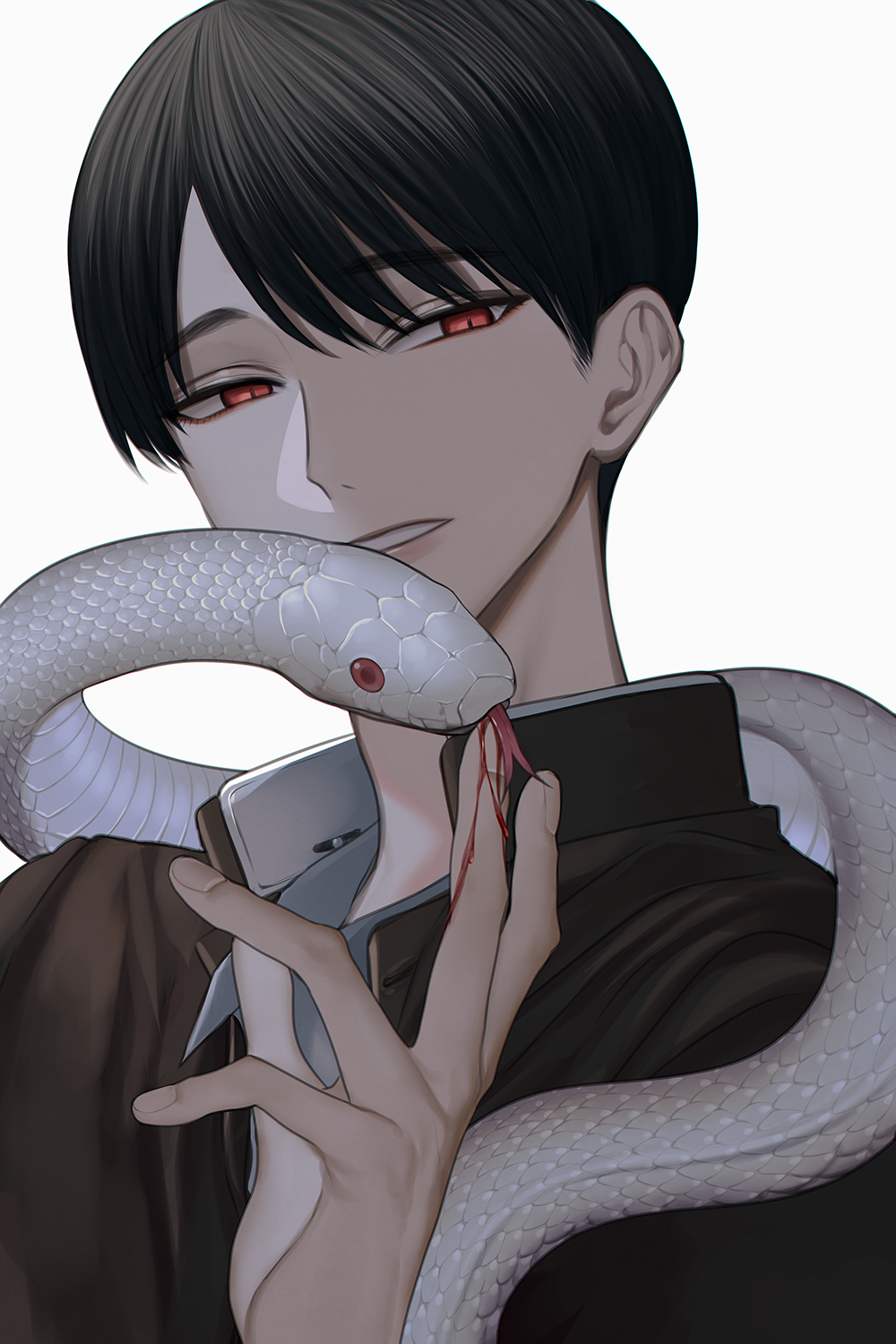 1boy animal_on_shoulder black_hair blood chinikuniku eyeliner gakuran hand_up highres looking_to_the_side makeup male_focus original red_eyes school_uniform slit_pupils snake white_background white_snake