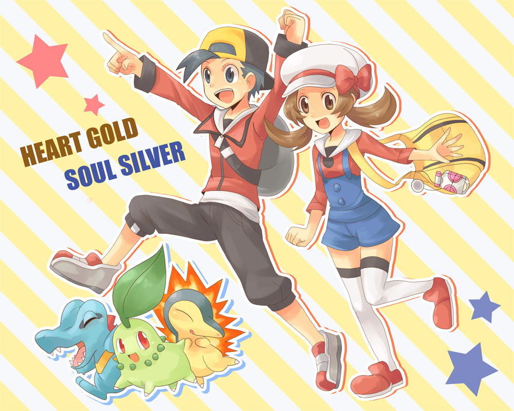 1boy 1girl backpack bag baseball_cap brown_eyes brown_hair cabbie_hat cellphone chikorita cubexcube cyndaquil gold_(pokemon) gold_(pokemon)_(remake) hat hat_ribbon kotone_(pokemon) overalls phone pokemon pokemon_(creature) pokemon_(game) pokemon_gsc pokemon_heartgold_and_soulsilver purse red_ribbon ribbon shoes short_twintails smile sneakers star striped thigh-highs thighhighs totodile twintails white_legwear white_thighhighs