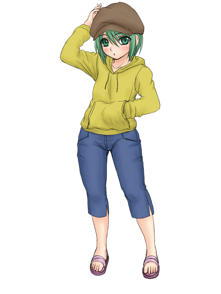 cabbie_hat capri_pants green_eyes green_hair hat hoodie kuro_suto_sukii sandals short_hair simple_background touhou white_background wriggle_nightbug