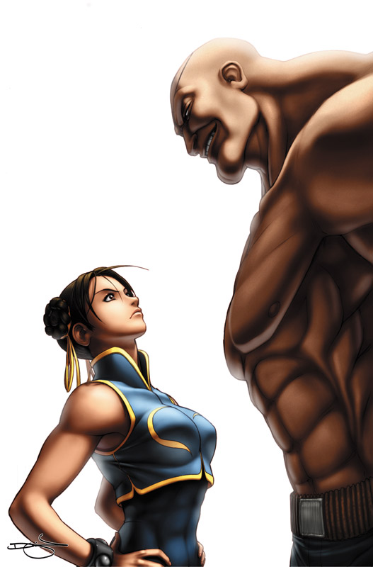 bare_shoulders bracelet chinese chinese_clothes chun-li costume height_difference jewelry male muscle omar_dogan sagat shirtless signature size_difference spiked spiked_bracelet spikes street_fighter udon udon_entertainment white_background