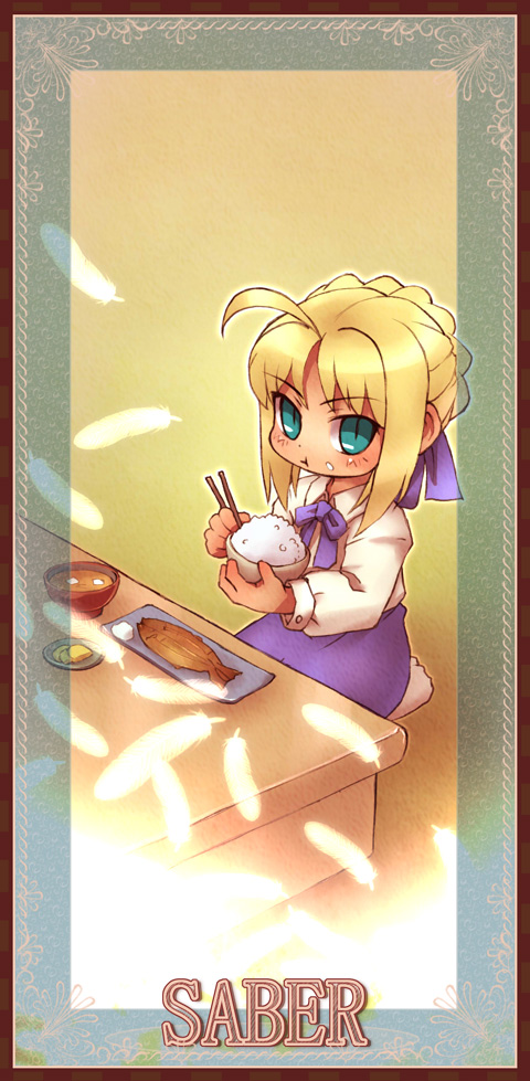 blonde_hair eating fate/stay_night fate_(series) food food_on_face green_eyes rice saber sankuma seiza sitting