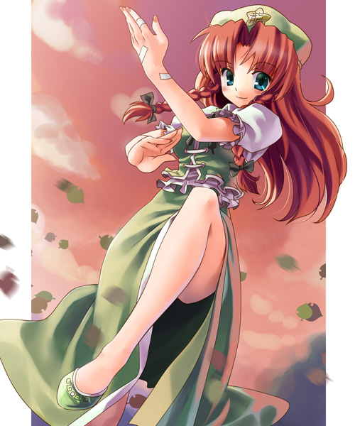 beret blue_eyes braid chinese_clothes fighting_stance hat hong_meiling katahira_masashi leaf leaves leg_lift long_hair red_hair redhead side_slit touhou twin_braids