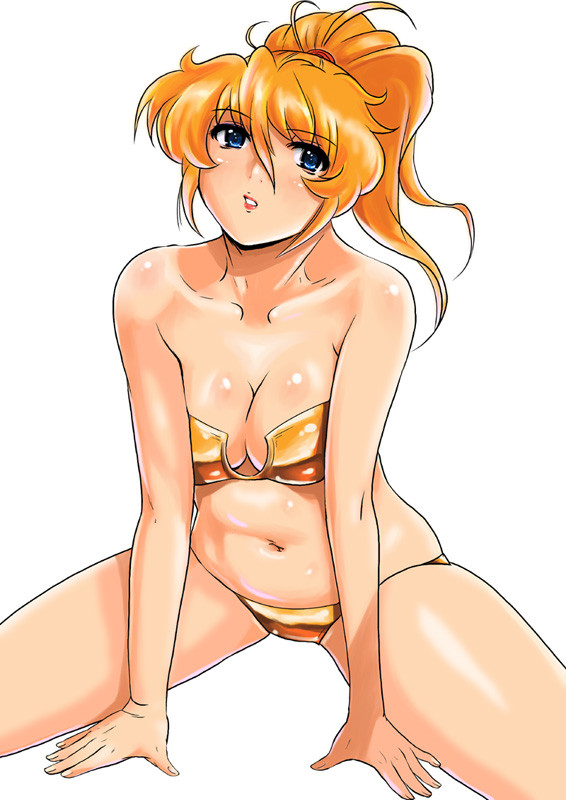 blonde_hair blue_eyes breasts cleavage collarbone curvy excellen_browning funky-harem long_hair navel ponytail shiny shiny_skin shu-z spread_legs super_robot_wars swimsuit