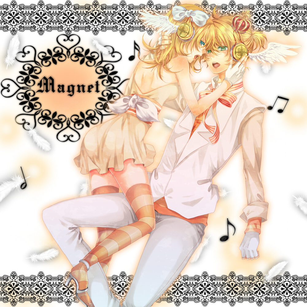 blonde_hair blue_eyes brother_and_sister crown dress feathers formal gloves green_eyes hair_ribbon headphones incest kagamine_len kagamine_rin legs magnet_(vocaloid) musical_note open_mouth ribbon short_hair siblings striped teenage thigh-highs thighhighs tsukudato twincest twins vocaloid wings