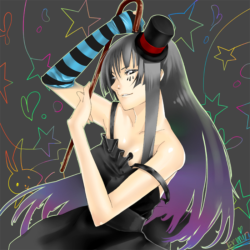 1girl akiyama_mio asymmetrical_clothes bare_shoulders black_hair bunny cane colorful don't_say_"lazy" don't_say_lazy dress er-mint hat heart k-on! long_hair mini_top_hat off_shoulder rabbit rainbow single_glove solo star striped top_hat