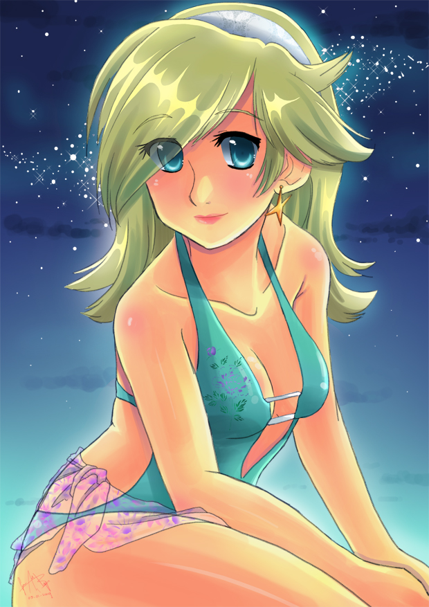 bikini earring hair_over_one_eye hairband lips nintendo one-piece rosalina sarong see-through signature smile stars super_mario_bros. super_mario_galaxy swimsuit