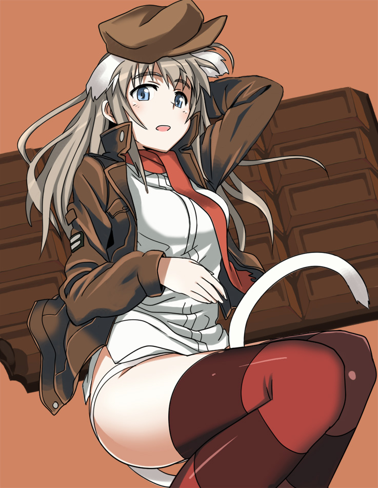 1girl bad_id blue_eyes breasts chocolate leather_jacket leatherjacket long_hair ningen_(ningen96) panties red_legwear strike_witches striped striped_legwear striped_thighhighs tail thigh-highs thighhighs underwear wilma_bishop