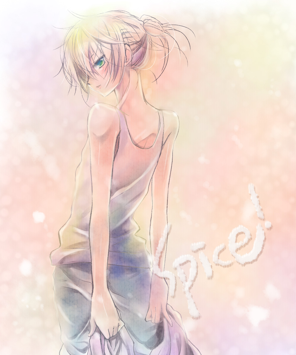 androgynous blonde_hair error green_eyes highres kagamine_len komomo_riri looking_back male ponytail spice!_(vocaloid) trap vocaloid