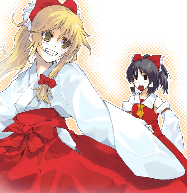 alternate_hairstyle black_eyes blonde_hair bow brown_hair colored_eyelashes detached_sleeves eyelashes grin hair_bow hakurei_reimu halftone halftone_background japanese_clothes kirisame_marisa large_bow long_hair looking_back miko ponytail smile tamaki_fuyu touhou yellow_eyes