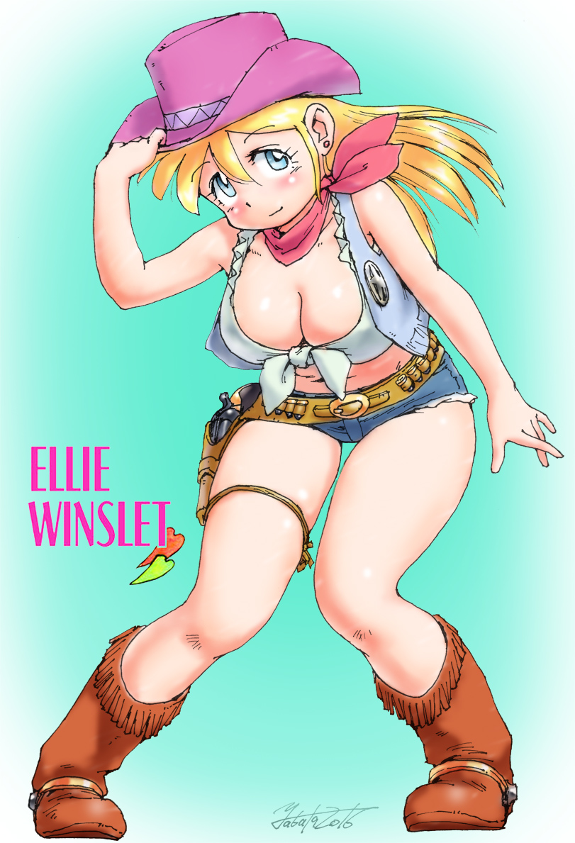 1girl bare_shoulders blonde_hair blue_eyes blush boots breasts character_name cleavage cowboy_boots cowboy_hat cutoffs ellie_winslet front-tie_top full_body gun handgun hat holster large_breasts leaning_forward long_hair looking_at_viewer original plump revolver short_shorts shorts signature smile solo standing weapon western yabataso
