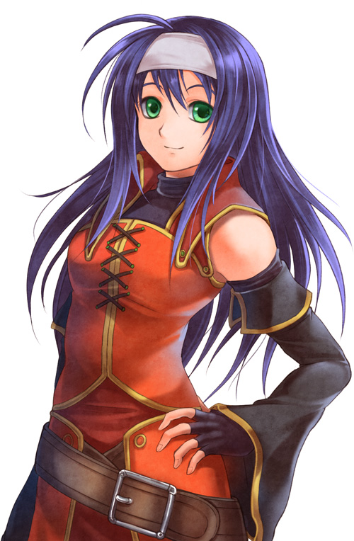 1girl ahoge bare_shoulders belt blue_hair cowboy_shot detached_sleeves fingerless_gloves fire_emblem fire_emblem:_akatsuki_no_megami gloves green_eyes hairband hand_on_hip headband long_hair nemupon_(goodlucky) simple_background smile solo wayu_(fire_emblem) white_background