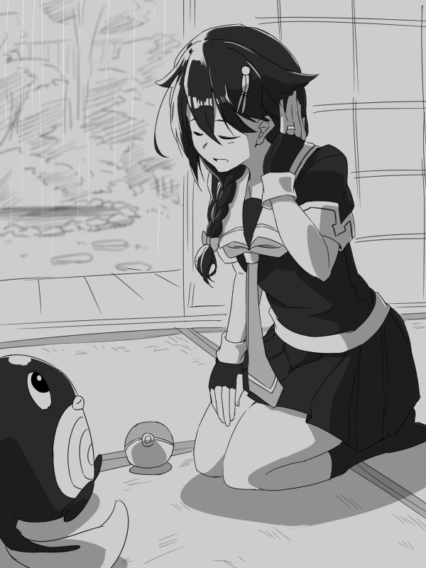 1girl ahoge black_hair black_serafuku black_skirt braid closed_eyes drill_hair female fingerless_gloves gloves greyscale hair_flaps hair_ornament hair_over_shoulder hair_ribbon hayashi_ekyuu indoors jewelry kantai_collection monochrome nature open_mouth plant pleated_skirt poke_ball pokemon pokemon_(creature) poliwag rain remodel_(kantai_collection) ribbon ring school_uniform seiza serafuku shigure_(kantai_collection) single_braid sitting skirt solo tatami wedding_band