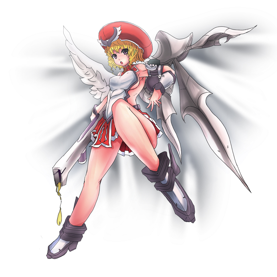 1girl angel artificial_wings bare_legs blonde_hair boots female hat highres laila_(queen's_blade) long_hair looking_at_viewer mechanical_wings miniskirt queen's_blade queen's_blade_rebellion skirt solo thong violet_eyes weapon wings