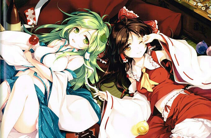 2girls ascot bloomers bow breasts brown_eyes brown_hair detached_sleeves fan frills frog_hair_ornament green_eyes green_hair hair_ornament hair_ribbon hair_tubes hakurei_reimu ke-ta kochiya_sanae large_breasts long_hair long_sleeves looking_at_viewer lying midriff multiple_girls navel on_back one_eye_closed open_mouth ribbon ribbon-trimmed_sleeves ribbon-trimmed_underwear ribbon_trim scan shirt skirt smile snake_hair_ornament touhou underwear upskirt vest wide_sleeves