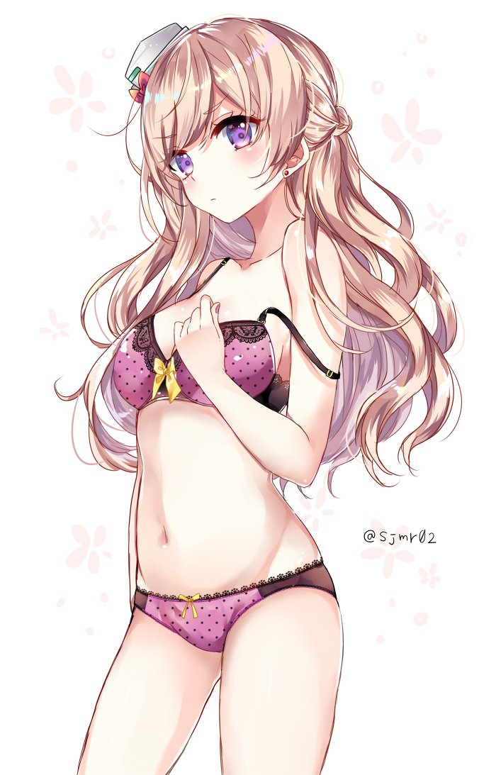 1girl bare_shoulders blonde_hair blush bow bow_bra bow_panties bra braid breasts cleavage commentary_request earrings eyebrows eyebrows_visible_through_hair french_braid frown jewelry kantai_collection lace lace-trimmed_bra lace-trimmed_panties lingerie long_hair looking_at_viewer navel off_shoulder panties polka_dot polka_dot_bra polka_dot_panties purple_bra purple_panties shijima_(sjmr02) solo strap_slip underwear underwear_only violet_eyes zara_(kantai_collection)