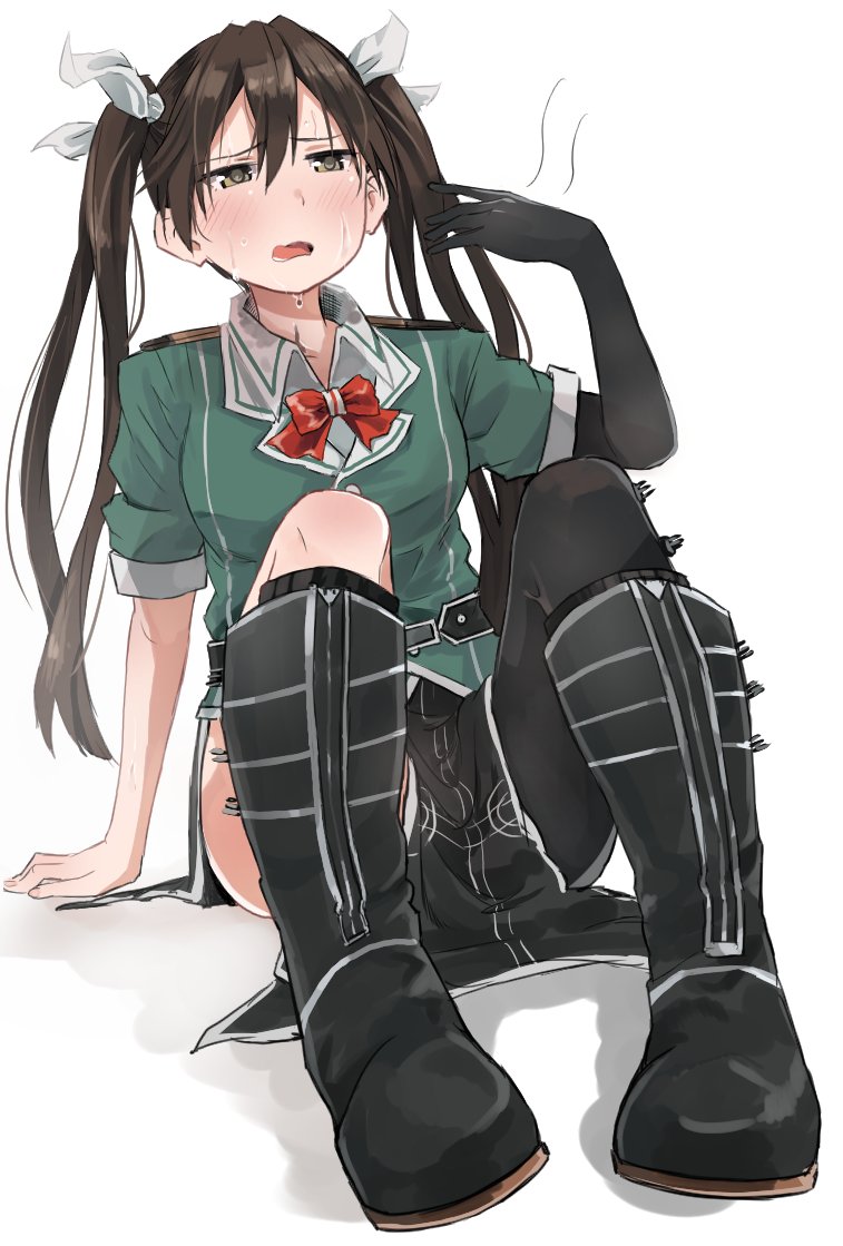 1girl asymmetrical_legwear black_boots black_gloves blush boots brown_eyes brown_hair fanning_self glasses gloves hair_between_eyes hair_ribbon half-closed_eyes hot kantai_collection kneehighs long_hair neck_ribbon open_mouth pelvic_curtain red_ribbon remodel_(kantai_collection) ribbon short_sleeves side_slit simple_background single_elbow_glove single_glove single_kneehigh single_thighhigh sitting solo sweat sweating thigh-highs tone_(kantai_collection) twintails wataro_(watawatawatapon) white_background