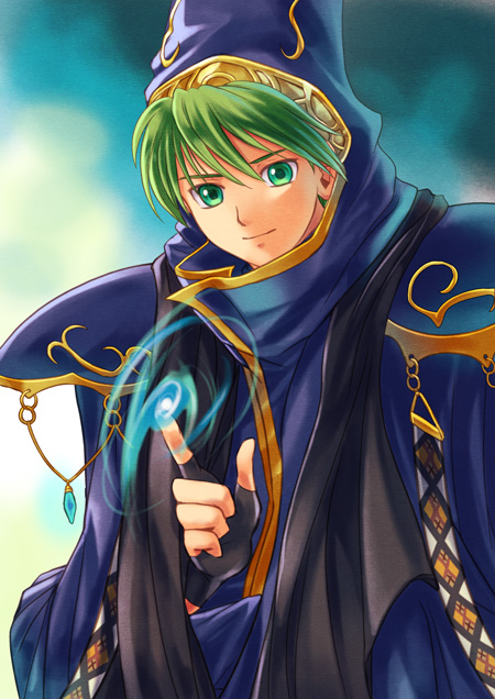 1boy capelet fingerless_gloves fire_emblem fire_emblem:_mystery_of_the_emblem gloves green_eyes green_hair hood marich matching_hair/eyes nemupon_(goodlucky) solo upper_body