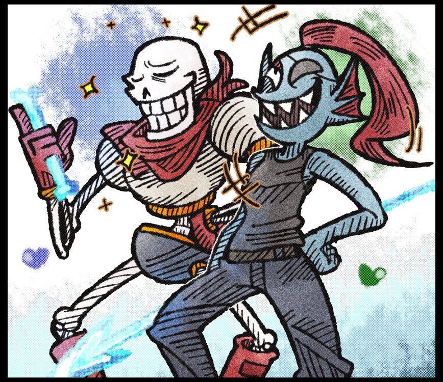 +++ 1boy 1girl armor black_border black_shirt bone border closed_eyes energy_bone energy_spear energy_weapon eyepatch gloves grin hand_on_hip head_fins heart laughing line_shading open_mouth pants papyrus_(undertale) polearm red_gloves red_scarf redhead scarf shirt skeleton sleeveless smile sparkle spear suenari_(peace) tank_top topknot troll_face undertale undyne weapon