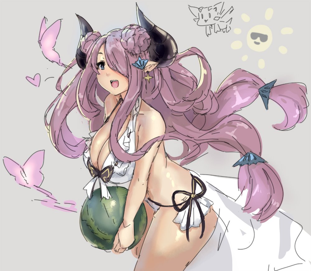 1girl bare_shoulders bikini breasts butterfly cleavage commentary cowboy_shot doraf double_bun earrings eu03 food fruit granblue_fantasy hair_ornament hair_over_one_eye horns jewelry large_breasts leaning_forward long_hair looking_at_viewer low-tied_long_hair narumeia_(granblue_fantasy) open_mouth pointy_ears purple_hair sarong side-tie_bikini sketch smile solo standing star star_earrings swimsuit tied_hair vee_(granblue_fantasy) watermelon white_bikini