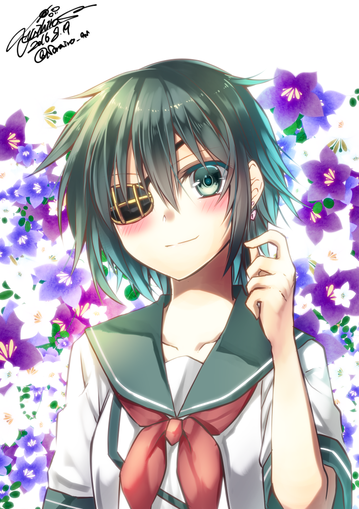 1girl 2016 alternate_hair_length alternate_hairstyle artist_name closed_mouth commentary_request dated dress eyepatch floral_background green_eyes green_hair hand_in_hair kantai_collection kiso_(kantai_collection) looking_at_viewer matching_hair/eyes neckerchief sailor_dress school_uniform serafuku short_hair solo upper_body yuihira_asu