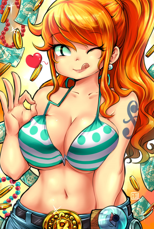 1girl ;q belt belt_buckle bikini_top breasts buckle cleavage coin collarbone denim earrings eyebrows eyebrows_visible_through_hair eyelashes gake_no_ue_no_ponyo green_eyes heart jeans jewelry kenron_toqueen large_breasts licking_lips looking_at_viewer midriff money money_gesture nami_(one_piece) navel one_eye_closed one_piece orange_hair pants solo striped striped_bikini_top tattoo tongue tongue_out under_boob wavy_hair