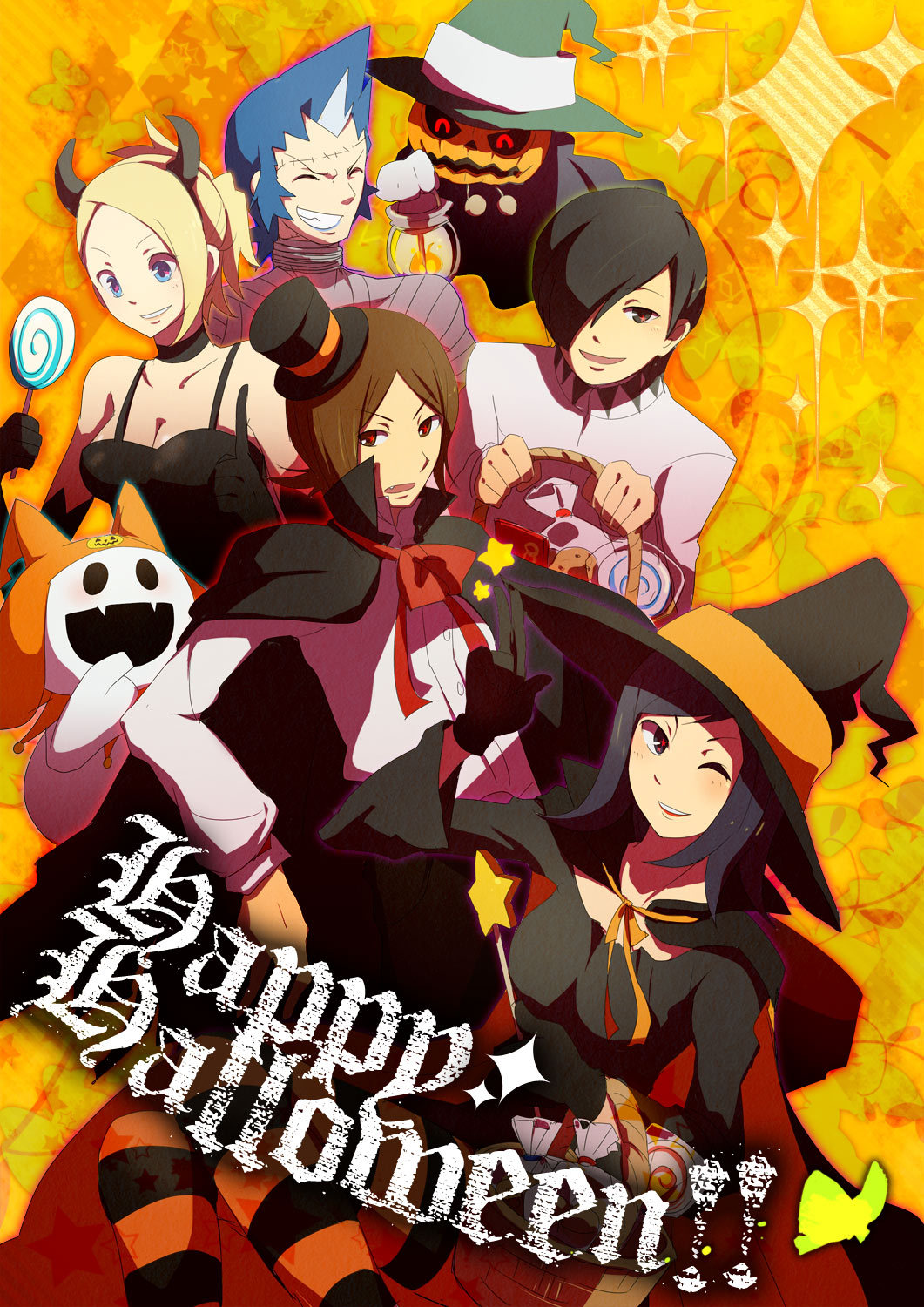 2girls amano_maya blonde_hair blue_eyes breasts cleavage halloween highres jack_frost kurosu_jun lisa_silverman mishina_eikichi multiple_boys multiple_girls persona persona_2 short_hair smile suou_tatsuya u-ka_(pixiv5407)