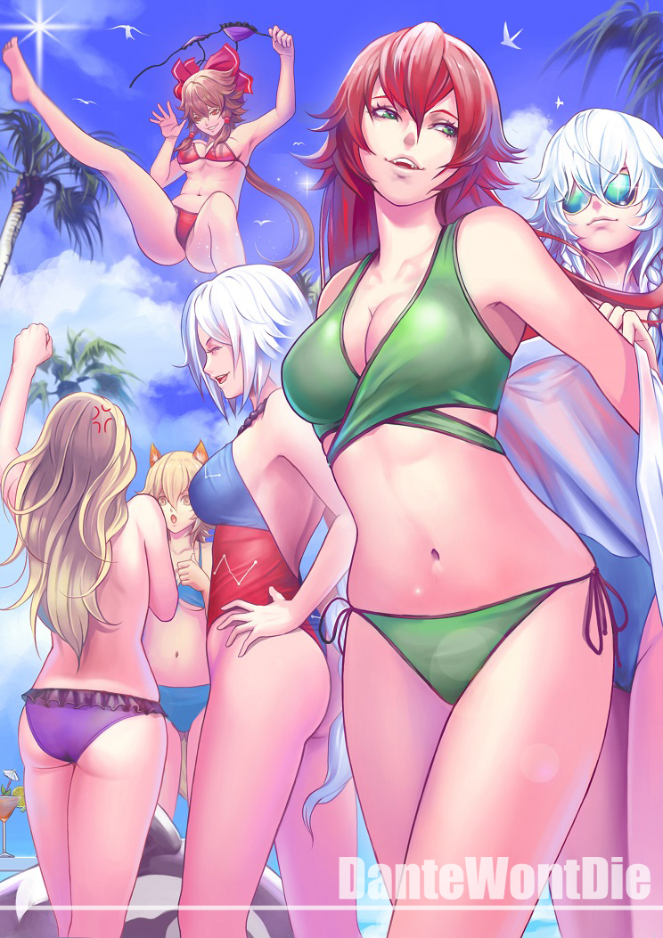 6+girls alternate_costume anger_vein angry animal_ears arm_up armpits artist_name ass assisted_exposure back bangs bikini bikini_top_removed bird blonde_hair blue_bikini blue_sky blue_swimsuit bow braid breasts brown_hair cleavage clenched_hand closed_eyes clothes_theft clouds collarbone commentary_request covering covering_breasts dantewontdie day fangs floating food fox_ears fox_tail frilled_bikini frills from_behind from_side fruit glass glasses gluteal_fold green_bikini green_eyes grin hair_between_eyes hair_bow hair_tubes hakurei_reimu hands_on_hips hong_meiling izayoi_sakuya laughing lemon lemon_slice lens_flare leotard lips long_hair long_ponytail looking_down medium_breasts multicolored_swimsuit multiple_girls navel one-piece_swimsuit open_mouth palm_tree purple_bikini red_bikini red_swimsuit shiny shiny_hair shirt_removed short_hair side-tie_bikini side-tie_bottom silver_hair sky smile sparkle stomach summer sun sunglasses sunlight swimsuit tail teeth theft thighs thong_leotard tongue touhou tree twin_braids very_long_hair waving yagokoro_eirin yakumo_ran yakumo_yukari yellow_eyes