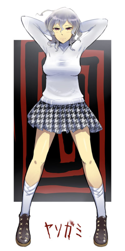 1girl breasts em grey_hair izanami persona persona_4 short_hair skirt smile socks solo sweater