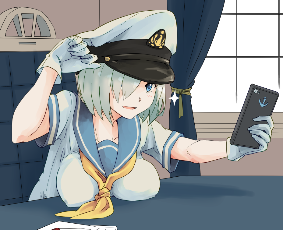 1girl anchor_symbol arm_up blue_eyes breast_rest breasts cellphone chair curtains desk gloves hair_over_one_eye hamakaze_(kantai_collection) hat hayashi_ekyuu holding holding_phone kantai_collection large_breasts neckerchief open_mouth outstretched_arm phone school_uniform self_shot serafuku short_hair silver_hair sitting smartphone solo sparkle white_gloves window