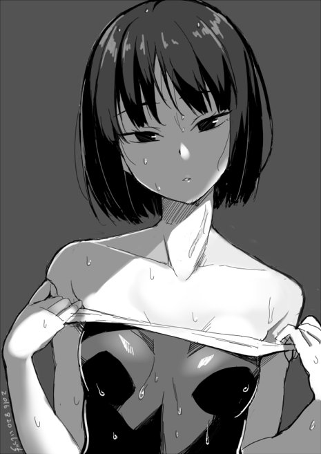 1girl bare_shoulders character_request gin_(ginshari) grey_background greyscale looking_at_viewer monochrome off_shoulder one_eye_closed short_hair simple_background solo swimsuit swimsuit_pull wet wet_clothes wet_hair wet_swimsuit