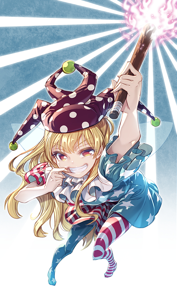 1girl american_flag_dress american_flag_legwear american_flag_shirt arm_up blonde_hair blue_background clownpiece dress fairy_wings full_body gradient gradient_background grin hat jester_cap long_hair mouth_pull pantyhose print_legwear red_eyes short_dress short_sleeves smile solo star striped touhou wings zounose