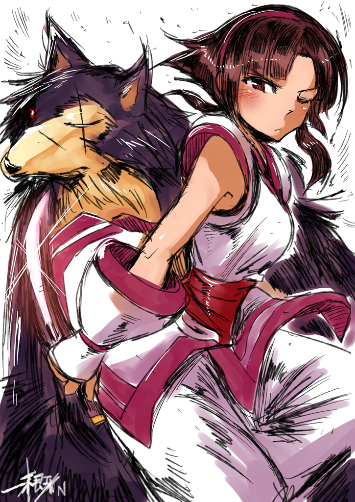 1girl ainu_clothes animal blush brown_hair dagger fingerless_gloves gloves hairband ichigai_(hayawossan) murasaki_nakoruru nakoruru one_eye_closed red_eyes reverse_grip samurai_spirits scar scar_across_eye shikuru short_hair solo weapon wolf