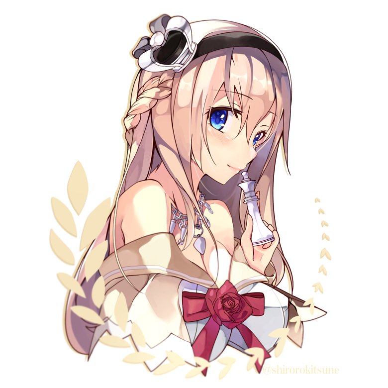 1girl bare_shoulders bishop_(chess) blonde_hair blue_eyes blush braid breasts chess_piece collar crown dress flower french_braid hairband jewelry kantai_collection large_breasts long_hair long_sleeves mini_crown red_ribbon red_rose ribbon rose shirokitsune smile solo twitter_username warspite_(kantai_collection)