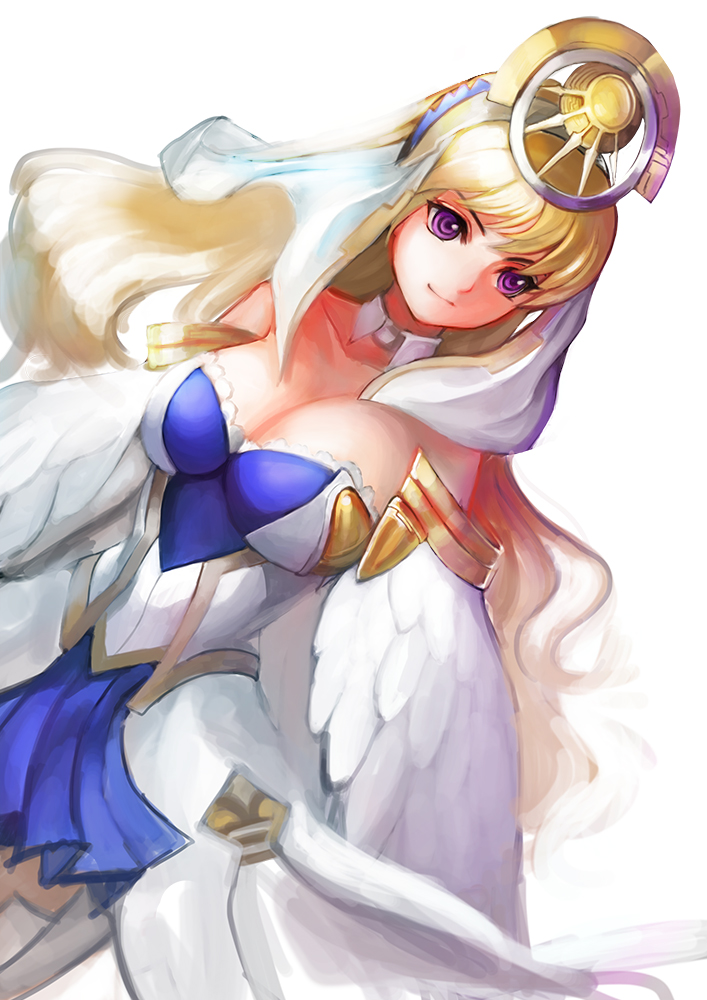 1girl ar_tonelico ar_tonelico_ii blonde_hair breasts chroche_latel_pastalie closed_mouth collarbone detached_collar dress gold headdress kokouno_oyazi large_breasts long_hair looking_away luca_truelywaath pleated_skirt simple_background skirt solo violet_eyes white_background