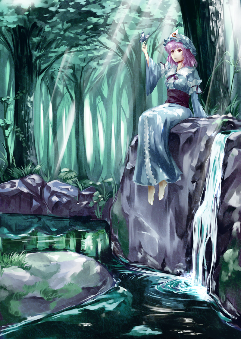 1girl arm_ribbon barefoot breasts bush butterfly_on_hand commentary_request expressionless forest grass hat japanese_clothes kimono kz_nagomiya light_rays lily_pad long_sleeves medium_breasts mob_cap moss nature obi purple_hair reflection ribbon ripples rock saigyouji_yuyuko sash short_hair solo stream sunlight touhou water waterfall wide_sleeves