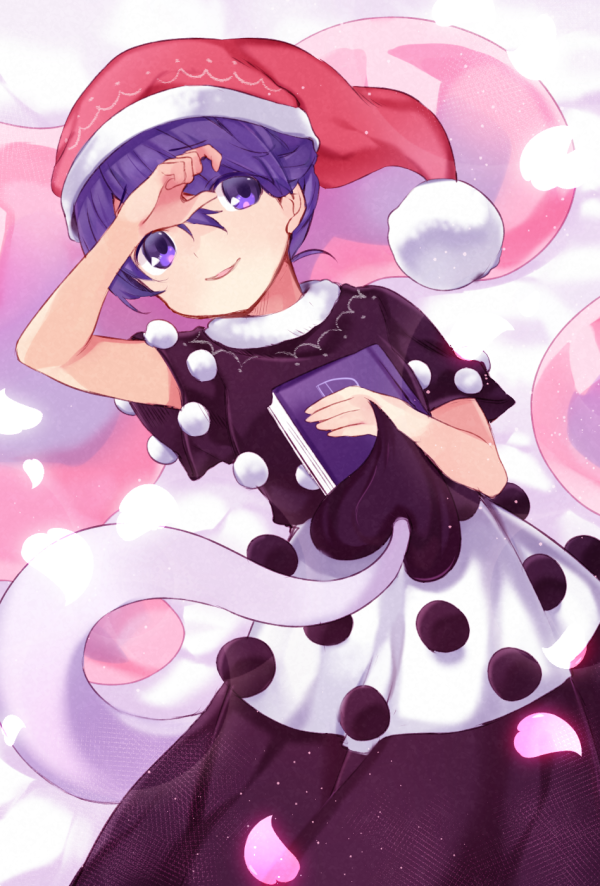 1girl akagashi_hagane book doremy_sweet hat lying nightcap on_back parted_lips petals pom_pom_(clothes) purple_hair solo tapir_tail touhou violet_eyes