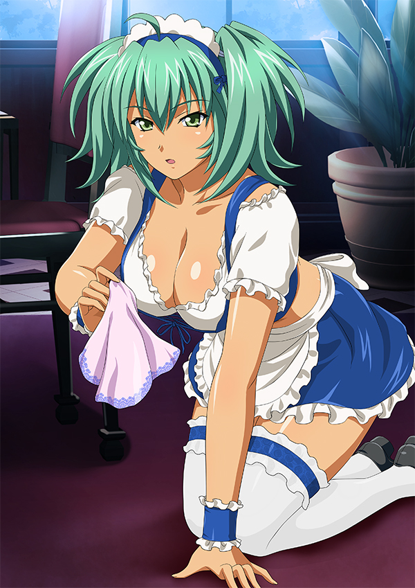 00s 1girl blue_skirt breasts cleavage collarbone green_eyes green_hair handkerchief ikkitousen kneeling large_breasts maid_headdress matching_hair/eyes ryofu_housen short_twintails skirt solo thigh-highs tied_hair twintails white_legwear