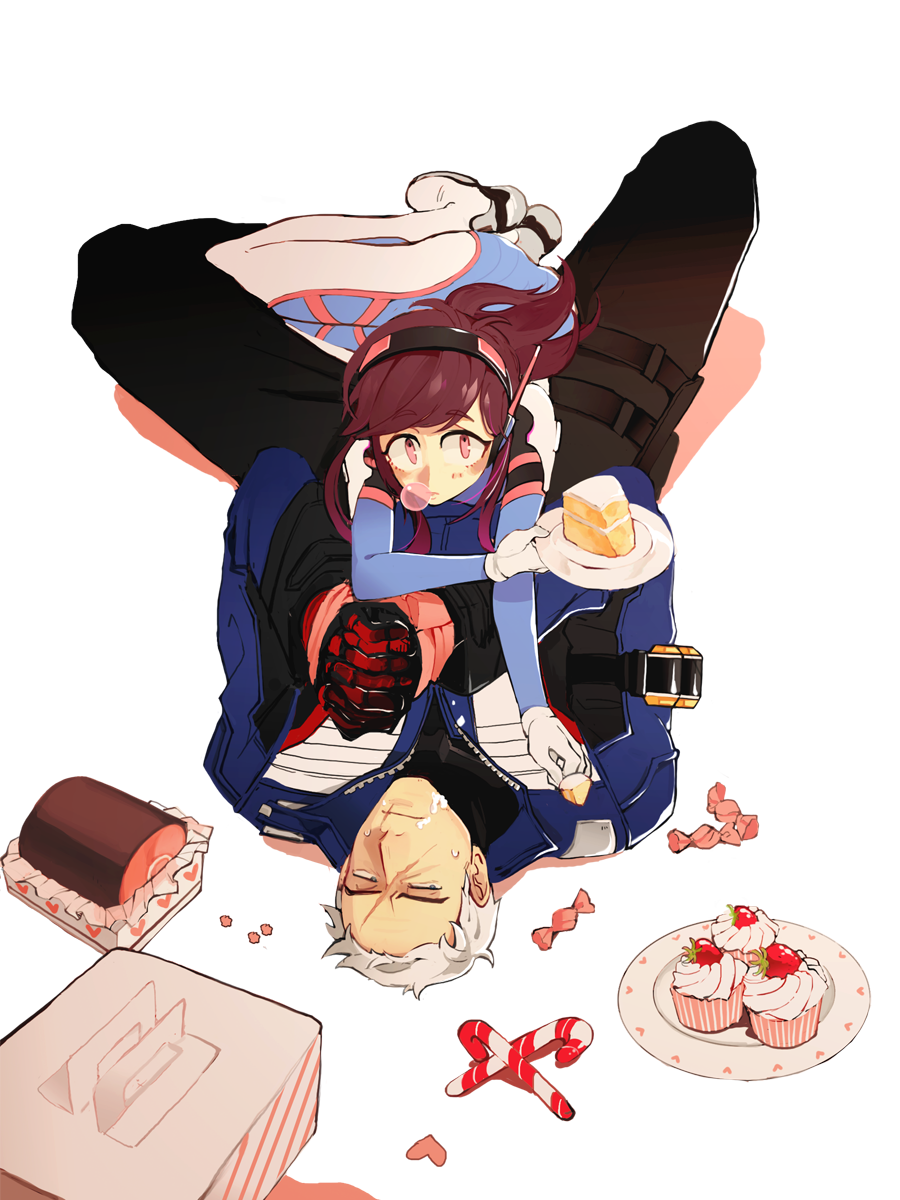 1boy 1girl bangs bodysuit boots bound bound_wrists brown_eyes brown_hair bubble_blowing bubblegum cake candy candy_cane closed_mouth d.va_(overwatch) eyebrows eyebrows_visible_through_hair facepaint facial_mark food food_on_face gloves guguma gum hands_together headphones highres holding holding_plate holster jacket konpeitou long_hair long_sleeves looking_at_viewer lying on_back on_person overwatch pants pastry pastry_box pauldrons pilot_suit plate red_gloves restrained scar scar_across_eye short_hair shoulder_pads simple_background soldier:_76_(overwatch) sweatdrop thigh-highs thigh_boots thigh_holster thigh_strap transparent_background turtleneck whisker_markings white_gloves white_hair